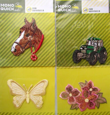 4 x Aufnäher, Traktor, Pferd, Blume, Schmetterling, Applikation -Hobbyauflösung- - Bild 1 von 4