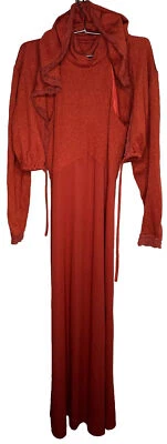 Vestido Formal Largo Midi Vintage con Capucha Recortado Acanalado Cárdigan Naranja Quemado Foto 1 de 4