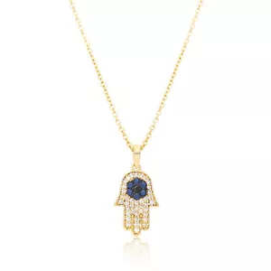 14K Gold VS/F-G Diamond And Blue Sapphire Hamsa Charm Necklace Halloween Gift - Picture 1 of 5
