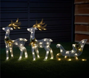 Outdoor Christmas Reindeer and Sleigh 110 LED Lights 3 Pce Glitter Mesh 2310 NOM - Picture 1 of 4