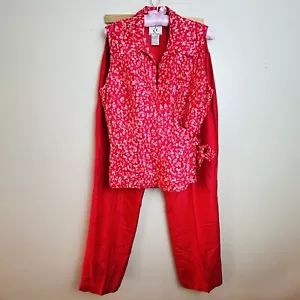 VTG 80s ICE 100% Silk Wrap Vest Blouse & Pants Set, Size 10 Pink Red Dots *read* - Picture 1 of 20