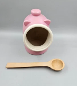 Vintage Stoneware Salt Cellar Pink Salt Pig Speckled Interior w/Wooden Spoon - Picture 1 of 11