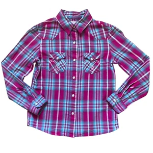 Panhandle Girls Shirt Size Medium Long Sleeve Snap Shirt Cowgirl Pink Plaid 100% - Picture 1 of 10