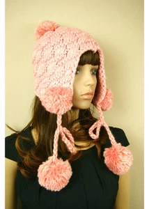 New Designer Look Ladies Womens Pink Oversize Pom Knit Beanie Winter Hat Cap - Picture 1 of 1