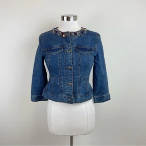 Laura Lane Blue Denim Embellished Circles Sequin Boho Jean Jacket 4 Petite - Picture 1 of 7