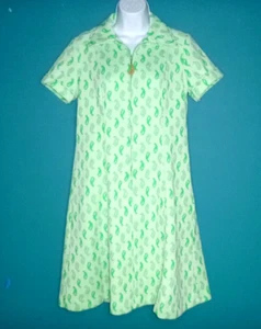 Vtg 70s Poly Zip Front Dress Green Paisley W/ Cool Zipper Pull VOLUP Sz L/XL - Picture 1 of 12