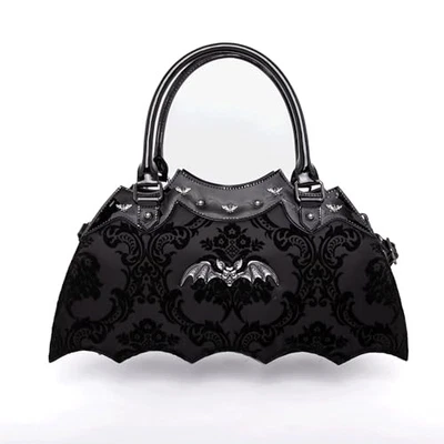 Bat Shaped Purse Damask Print  Metal Bat on Bag  with Shoulder Strap (Black) - Image 1 of 4