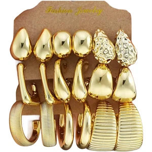 9 Piece Set Gold Electroplated Irregular Teardrop Shape Geometric Earrings - Picture 1 of 10