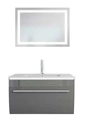 Badmöbel Set Gently 3 V1 Weiß/Grau MDF Waschtisch 70cm mit Leuchtspiegel LSP03 7 - Bild 1 von 4