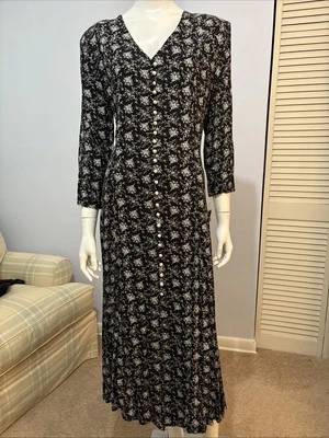 V TG D.B.Y. Vestido Pradera Negro Blanco Romántico Cottage Imitación Perla Botones Talla 13 Foto 1 de 4