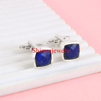 Natürlich Lapislazuli Edelstein Mit 18k Weiß Vergoldet Silber Manschetten #1067 - Bild 1 von 4