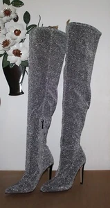 The Fix Damen Overknee Stiefel Pailletten Stiletto High Heel Party Sexy Pump Silber - Bild 1 von 10