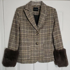 Dolce Cabo Houndstooth Jacket Blazer Removable Rabbit Fur Cuffs Size 2 XS* - Picture 1 of 10