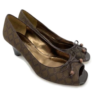 Etienne Aigner Adorn Womens 7.5 US Peep Toe Wedge Heel Brown Logo Pumps - Picture 1 of 12