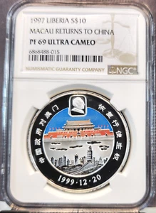 1997 LIBERIA SILVER 10 DOLLARS MACAU RETURNS TO CHINA NGC PF 69 ULTRA CAMEO RARE - Picture 1 of 3