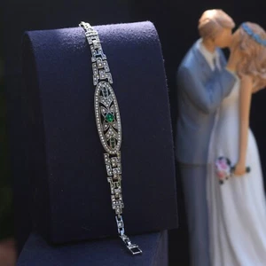 Bracciale Argento Arte Deco Ovale Delicato Pavé Strass Bianco Verde A 1920s QD28 - Foto 1 di 9