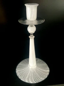 Murano Glass White Latticino Candlestick 9" Tall - Picture 1 of 12