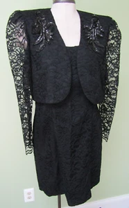 VINTAGE 1980'S VINTAGE LITTLE BLACK LACE DRESS W/ BOLERO JACKET / SIZE 13-14 - Picture 1 of 9