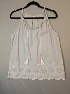 Old Navy Flowy Tank Top Embroidered Tassels Womens Med Blue White Stripe Boho - Picture 1 of 9