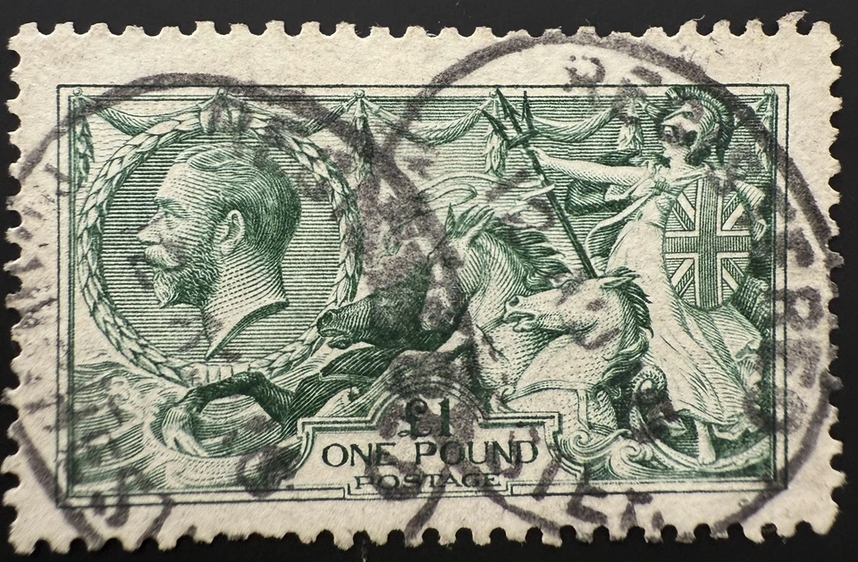 GB GV Stamp 1913 SG403, £1 green Seahorse, Waterlow, VGU. SG RRP £1400 — 第 1/2 张图片