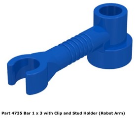 Lego 1x 4735 Blue Bar 1 x 3 with Clip and Stud Receptacle (Robot Arm)