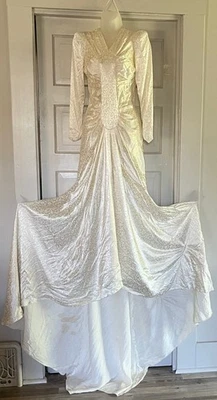 1930s Liquid Satin Wedding Dress w/ Train ~ Candlelight Allover Floral Print - Image 1 of 4