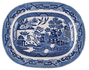 1825-1835 Large Staffordshire Unmarked Blue Willow Platter 16x13x1.5in 3lbs RARE - Picture 1 of 23
