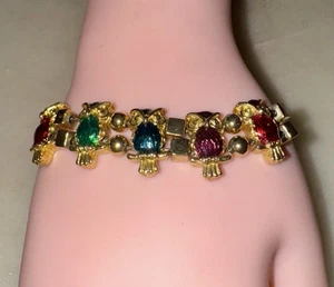 Vintage goldfarben Emaille bunte Eule Bettel Plättchen Armband Faltschließe - Bild 1 von 7