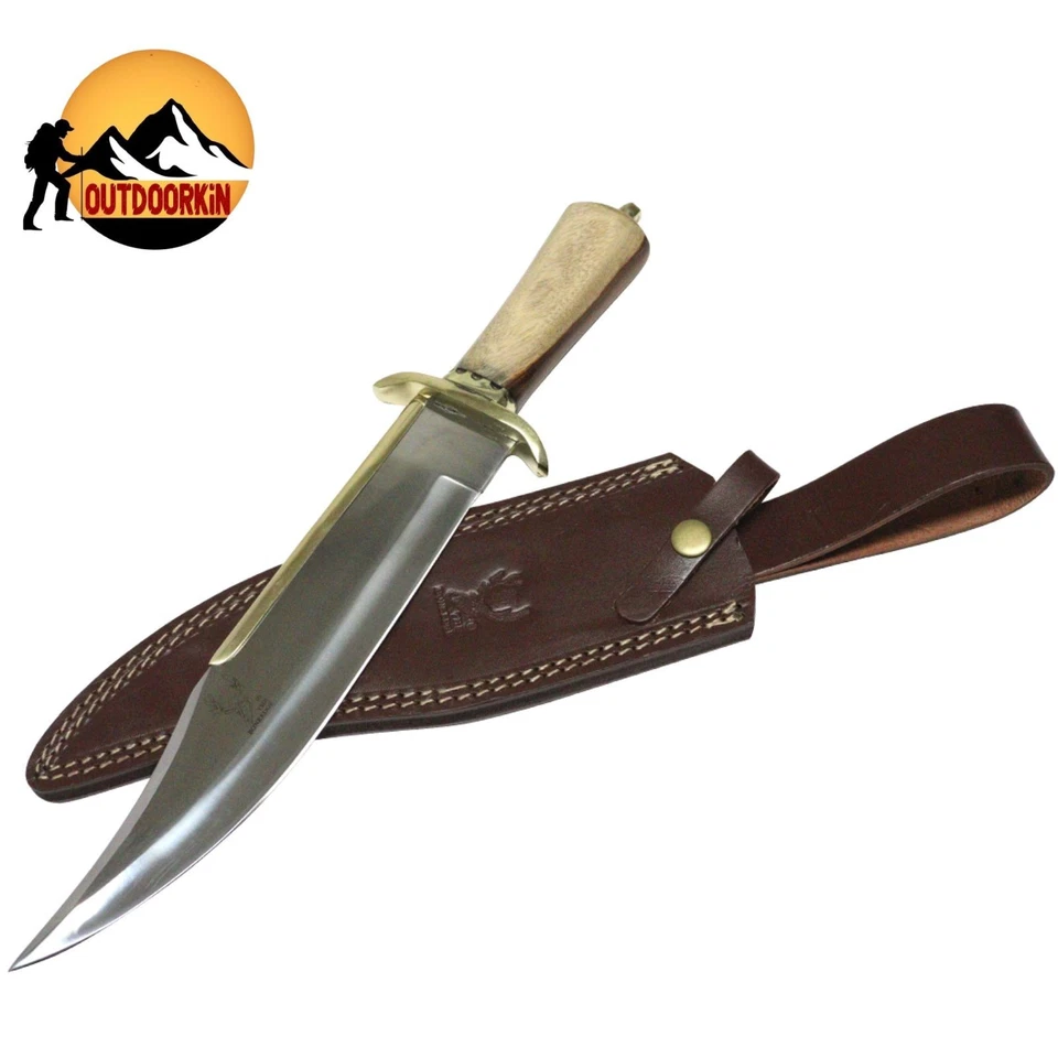 Cuchillo Bowie de caza hecho a mano hoja fija táctica de 15" mango de MADERA marrón + funda Foto 1 de 1