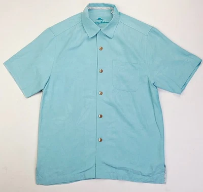 Tommy Bahama Small Men Aqua Blue Floral Short Sleeve Embroidered Logo Silk Shirt - Image 1 of 4