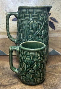 MORNING GLORY 2 Pc Set McCoy Pottery Green Basketweave Jug Pitcher & Mug 1920's - Picture 1 of 21