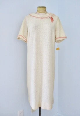NOS Vtg 50s 60s Amy Adams Ecru Textured Knit Sheath Dress Pink Stripe Trim 20 - Image 1 of 4