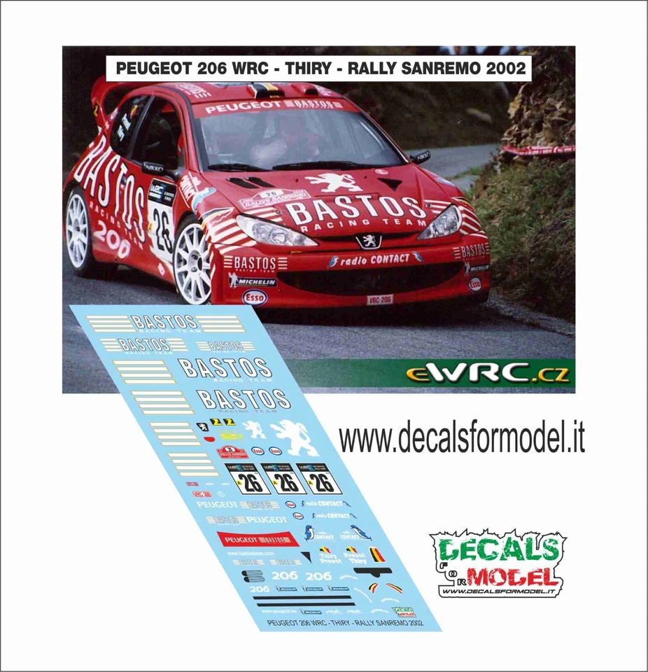 DECALS 1:43 PEUGEOT 206 WRC BASTOS THIRY RALLY SANREMO 2002 - Immagine 1 di 1
