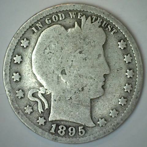 1895 Silver Barber Quarter 25c US Coin Good Circulated 25 Cent Rim Ding Cover