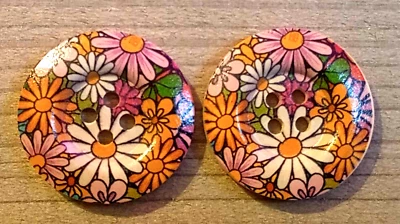 2 Flower Buttons Sewing Crafting Round Wood 4 Hole 1 1/8"  - Image 1 of 2