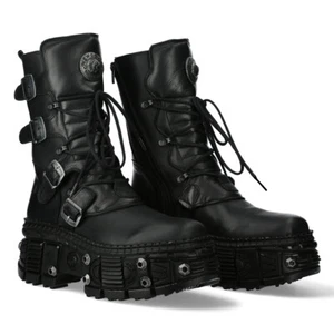 New Rock Stivali WALL373-S11 Unisex Nero Metallizzato Pelle Plateau Gotico - Picture 1 of 8