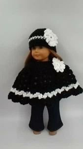 Poncho & Hut 18" Puppenkleidung passt amerikanische Mädchenpuppen schwarz mit weißer Blume - Bild 1 von 6
