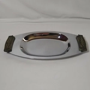 Kromex Serving Tray Chrome With Faux Wood Handles Vintage Mid Century Modern USA - Imagen 1 de 9