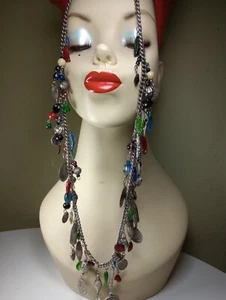 Vintage Murano Glass Beads Necklace Multiple heart and coin charms Rare 32" L - Picture 1 of 16