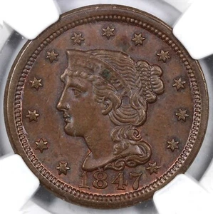 1847 1c Braided Hair Large Cent NGC MS 63 - Picture 1 of 5