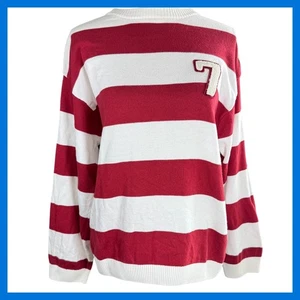 Zara Striped Knit Sweater Red White Number 7 Applique Preppy Collegiate Pullover - Picture 1 of 13