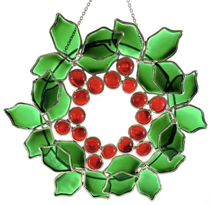 "Colona de acebo estilo vitral atrapasol bayas rojas hojas verdes 9x8,5""" - Imagen 1 de 5