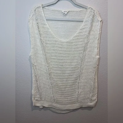 Helmut Lang Ivory Destroyed Artisanal Hollow Knit Linen Cap Sleeve Sweater M - Image 1 of 4