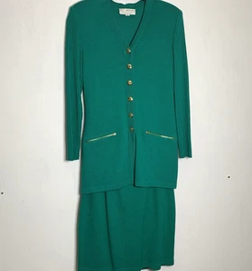 St John - V-Neck Cardigan Emerald Green Sweater with Gold Buttons and Skirt - Picture 1 of 19