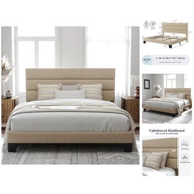 Beige King Size Platform Bed Frame with Upholstered Headboard - Easy Assembly - Image 1 of 4