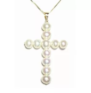 Genuine AAA White Cultured Pearl Cross Pendant in 14K Yellow Gold - Picture 1 of 1