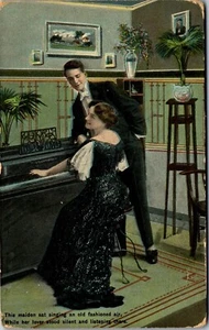 Vintage Valentine Love Postcard Woman Playing Piano with Man Looking on Poem - Picture 1 of 3