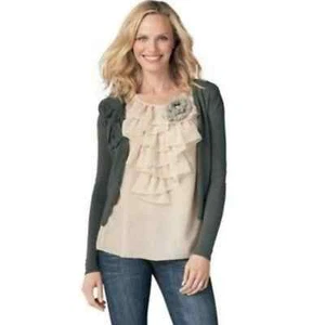 CAbi Posh Loden Button Up Raise Bow Applique Button Up Cardigan Sweater Size S - Picture 1 of 7