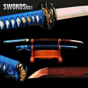 rote Klinge japanisches Katana Samuraischwert gefaltet Stahl blau Ito Saya Full Tang - Bild 1 von 12