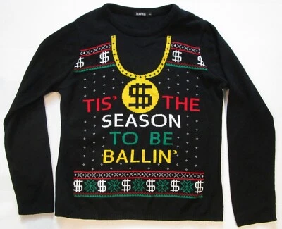🎅 TIS THE SEASON TO BE BALLIN' Ugly Christmas Sweater Women's M/L  VGUC 🎄 - Image 1 of 3